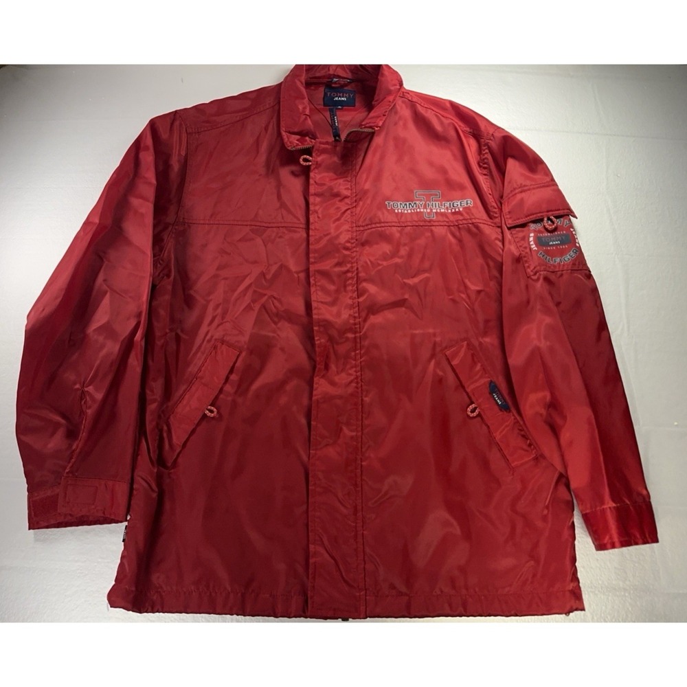 VTG Tommy Hilfiger Jeans Jacket Mens Medium Red  Spellout Logo Windbreaker *Flaw